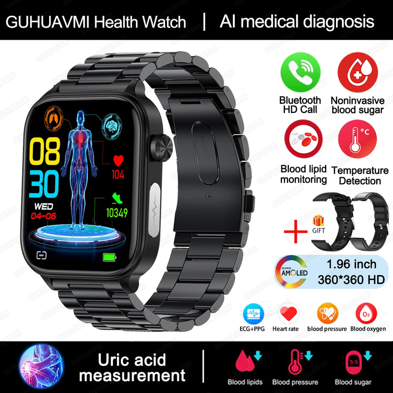 Smart Watch Medical Grade, Saúde Smartwatch, Diagnóstico Médico AI, Lipídios Sanguíneos, Ácido Úrico, Glicose Sanguínea, Voz, Chamada Bluetooth, ECG, PPG, Novo, 2025, Especial para você controlar sua pressão e sua diabetes direto da tela.