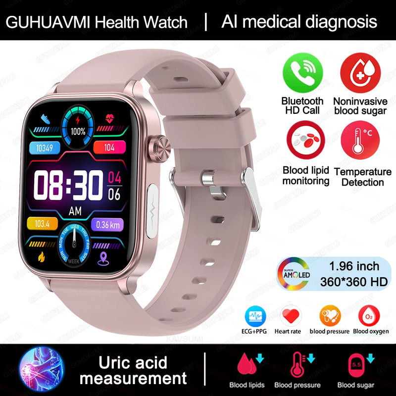 Smart Watch Medical Grade, Saúde Smartwatch, Diagnóstico Médico AI, Lipídios Sanguíneos, Ácido Úrico, Glicose Sanguínea, Voz, Chamada Bluetooth, ECG, PPG, Novo, 2025, Especial para você controlar sua pressão e sua diabetes direto da tela.