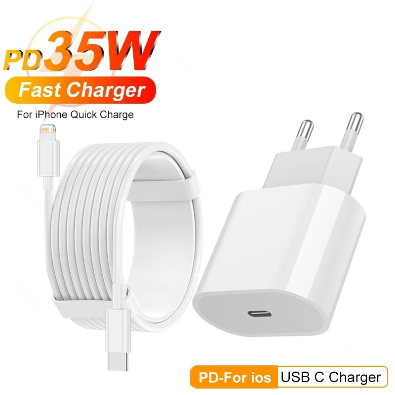 Carregador Rápido Apple 35w para iphone 11 12 13 mini 14 pro max x xr xs 8 plus 2m cabo de carregamento rápido USB-C adaptador de alimentação