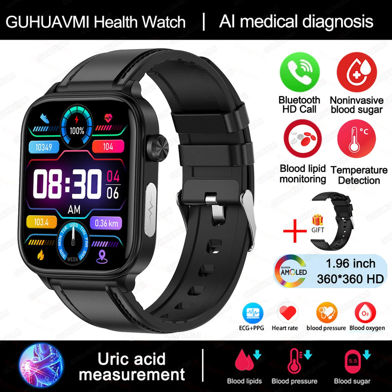 Smart Watch Medical Grade, Saúde Smartwatch, Diagnóstico Médico AI, Lipídios Sanguíneos, Ácido Úrico, Glicose Sanguínea, Voz, Chamada Bluetooth, ECG, PPG, Novo, 2025, Especial para você controlar sua pressão e sua diabetes direto da tela.