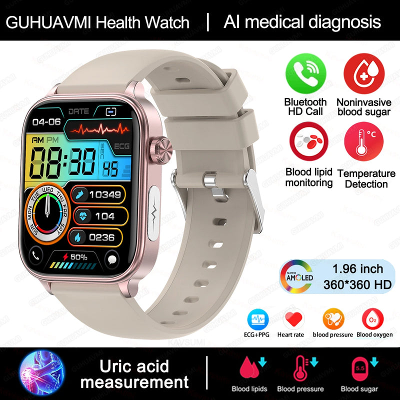 Smart Watch Medical Grade, Saúde Smartwatch, Diagnóstico Médico AI, Lipídios Sanguíneos, Ácido Úrico, Glicose Sanguínea, Voz, Chamada Bluetooth, ECG, PPG, Novo, 2025, Especial para você controlar sua pressão e sua diabetes direto da tela.