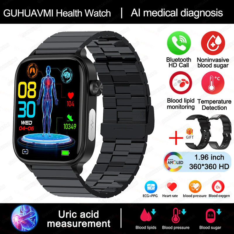 Smart Watch Medical Grade, Saúde Smartwatch, Diagnóstico Médico AI, Lipídios Sanguíneos, Ácido Úrico, Glicose Sanguínea, Voz, Chamada Bluetooth, ECG, PPG, Novo, 2025, Especial para você controlar sua pressão e sua diabetes direto da tela.