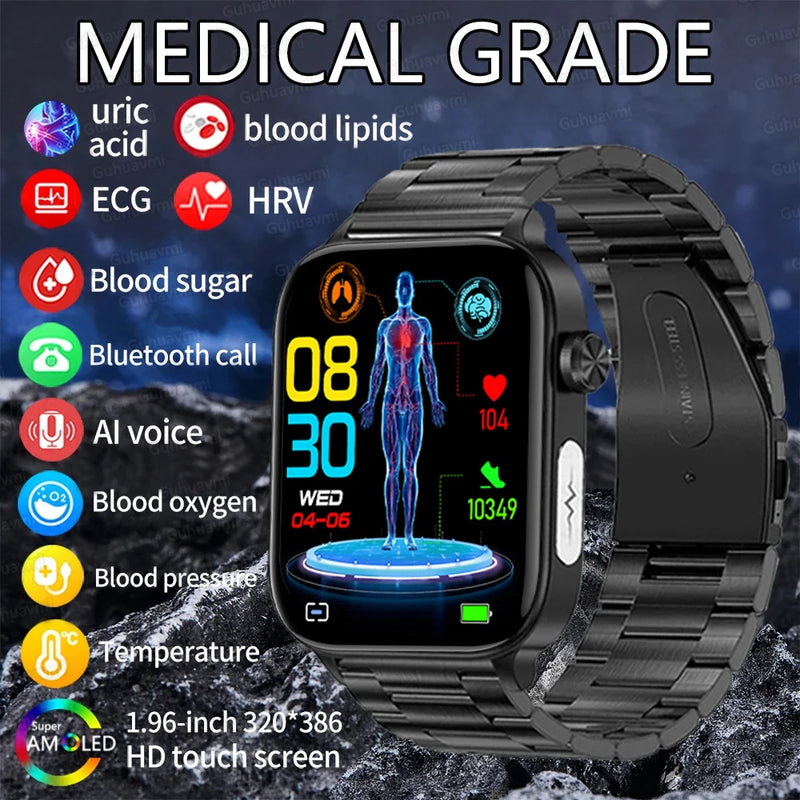 Smart Watch Medical Grade, Saúde Smartwatch, Diagnóstico Médico AI, Lipídios Sanguíneos, Ácido Úrico, Glicose Sanguínea, Voz, Chamada Bluetooth, ECG, PPG, Novo, 2025, Especial para você controlar sua pressão e sua diabetes direto da tela.