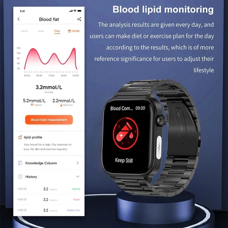 Smart Watch Medical Grade, Saúde Smartwatch, Diagnóstico Médico AI, Lipídios Sanguíneos, Ácido Úrico, Glicose Sanguínea, Voz, Chamada Bluetooth, ECG, PPG, Novo, 2025, Especial para você controlar sua pressão e sua diabetes direto da tela.