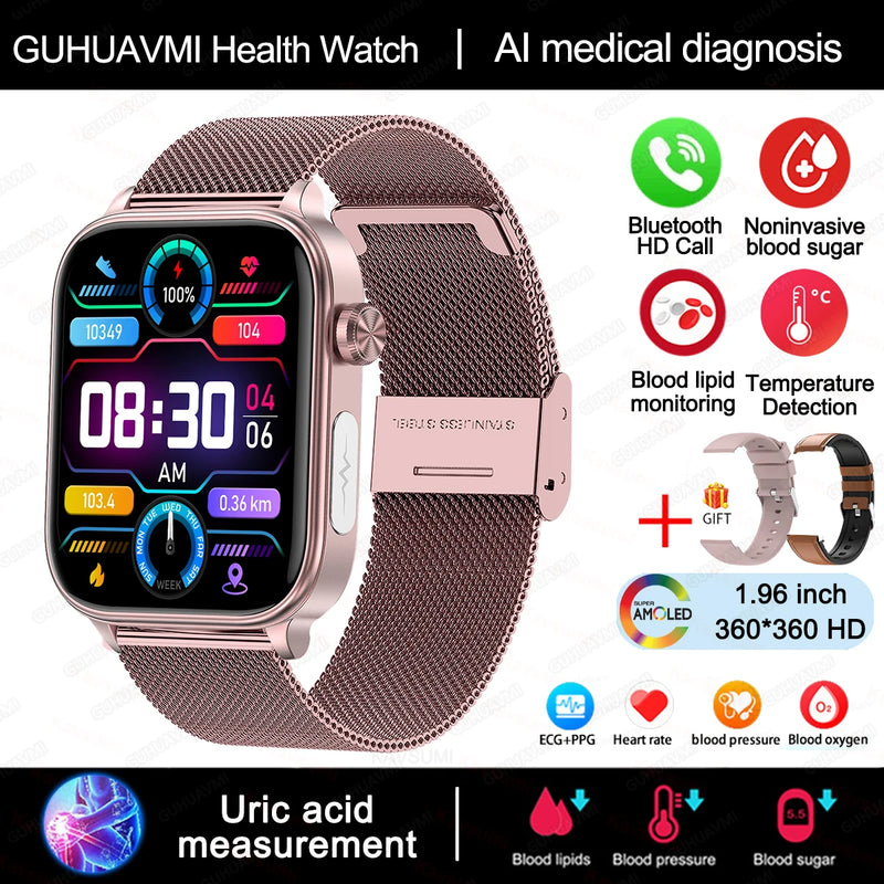 Smart Watch Medical Grade, Saúde Smartwatch, Diagnóstico Médico AI, Lipídios Sanguíneos, Ácido Úrico, Glicose Sanguínea, Voz, Chamada Bluetooth, ECG, PPG, Novo, 2025, Especial para você controlar sua pressão e sua diabetes direto da tela.