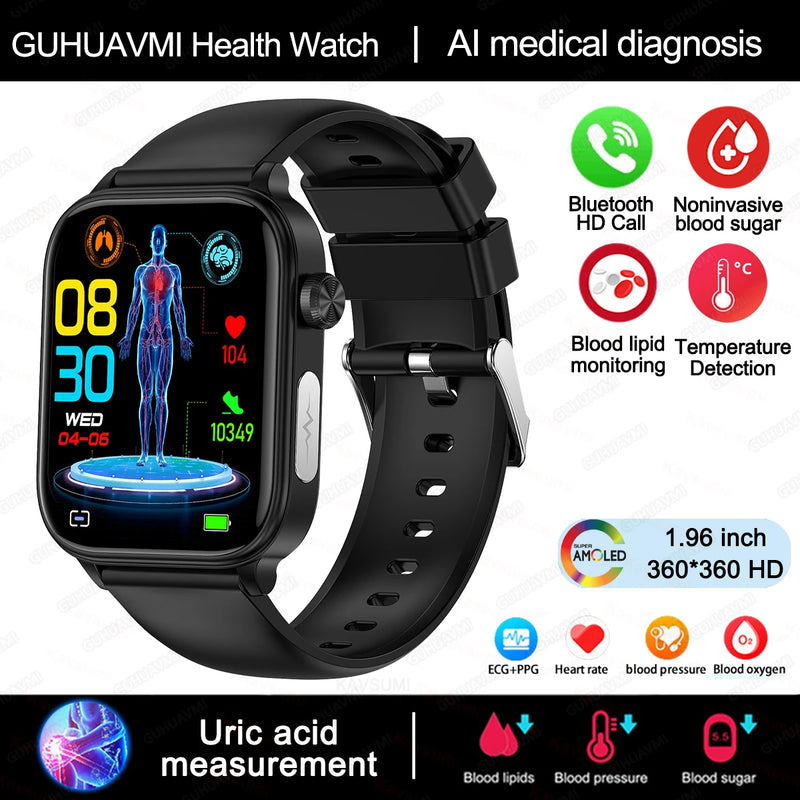 Smart Watch Medical Grade, Saúde Smartwatch, Diagnóstico Médico AI, Lipídios Sanguíneos, Ácido Úrico, Glicose Sanguínea, Voz, Chamada Bluetooth, ECG, PPG, Novo, 2025, Especial para você controlar sua pressão e sua diabetes direto da tela.